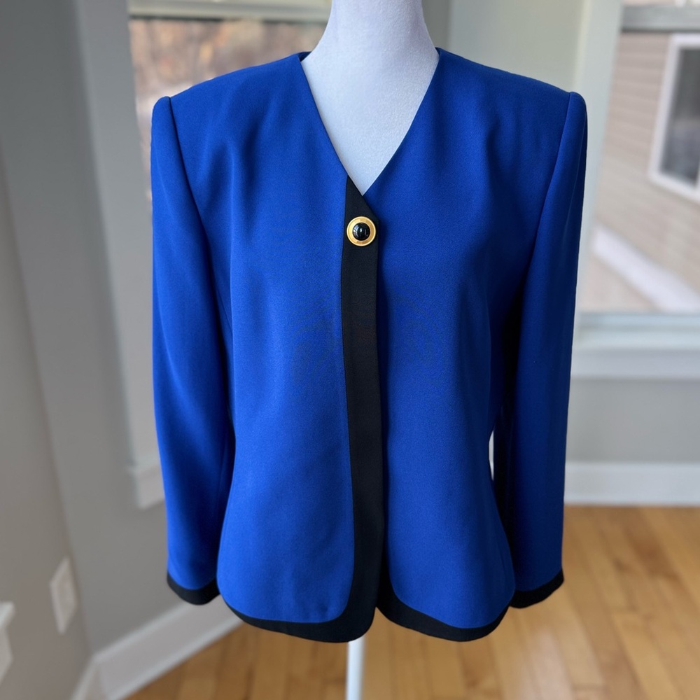 Vintage Jacqueline Ferrar Cobalt Blue Black Blazer Jacket Shoulder Pads 14 Pet